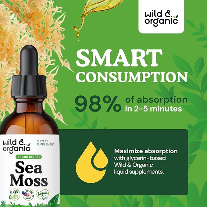 Wild &amp Organic Sea Moss Liquid Drops - Immune Support - Irish Sea Moss and Bladderwrack Tincture - Multimineral Chondrus Crispus Supplement - Vegan Sugar &amp Alcohol-Free - 2 fl oz