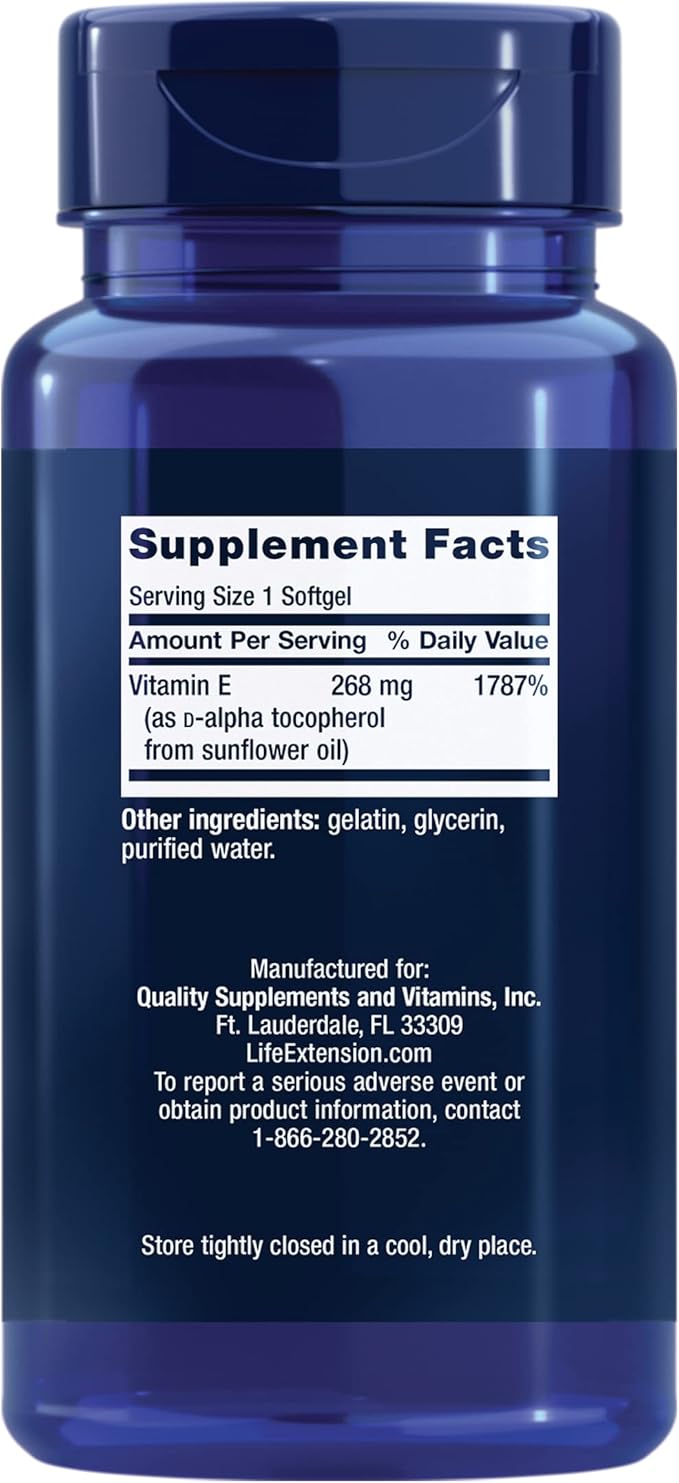 Life Extension Super Vitamin E 268 mg (400 IU) Non-Synthetic Vitamin E Supplement Promotes Whole-Body Health Gluten-Free Non-GMO 90 softgels