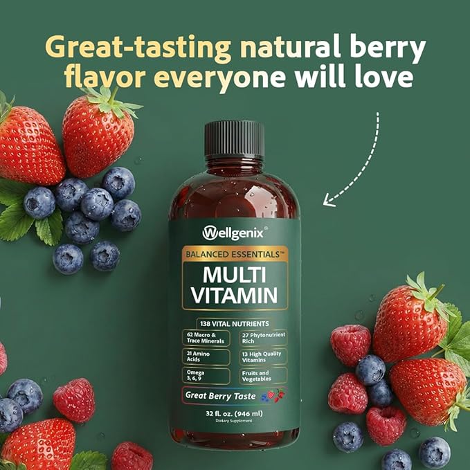 Wellgenix Balanced Essentials Liquid Multivitamin Dietary Supplement with Vitamins and Minerals – Berry Flavor – 32 fl oz