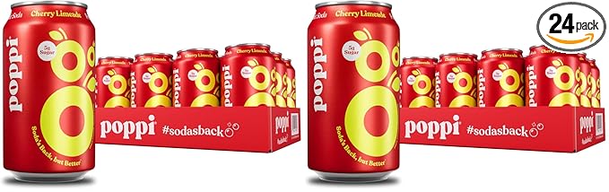 POPPI Sparkling Prebiotic Soda Beverages w/Apple Cider Vinegar Seltzer Water &amp Fruit Juice Cherry Limeade 12oz (24 Pack) (Packaging May Vary)