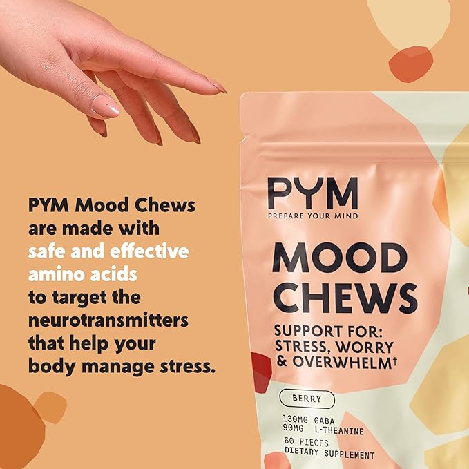 PYM Berry Mood Chews Support for Stress Worry &amp Overwhelm 60 Count | 130mg GABA 90mg L-Theanine | VeganNon-GMO Gluten-FreeNo Added Sugar | All-Natural Mood Balance Supplement in Resealable B