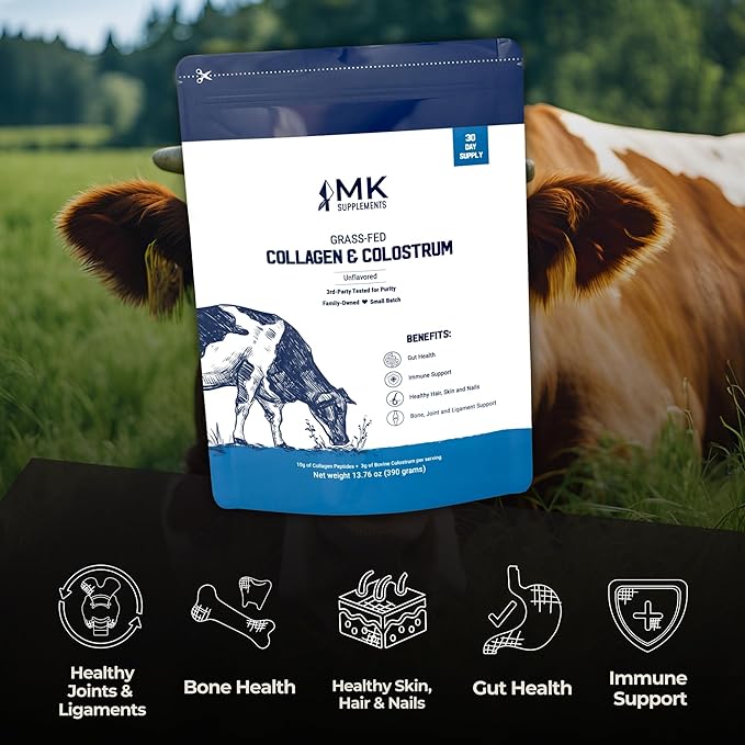 MK Supplements Collagen &amp Colostrum – Grass-Fed Bovine Collagen &amp Bovine Colostrum Powder – Skin Gut Joint &amp Immune Support – Keto Paleo Carnivore Friendly – No Additives