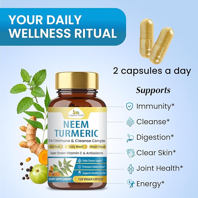 Organic Veda Neem Turmeric Capsules - 5 in 1 Herbal Complex with Amla Fruit Holy Basil Black Pepper - Immune Cleanse Skin &amp Gut Health Supplement with Vitamin C &amp Antioxidants 120 Vegan Ca