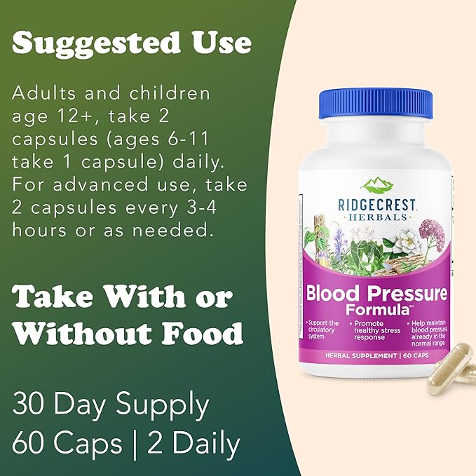RidgeCrest Herbals Blood Pressure Herbal Formula 12 Herbs Poria Mushroom Gastrodia Gardenia for Heart Vascular Circulation Health (60 Count (Pack of 1))