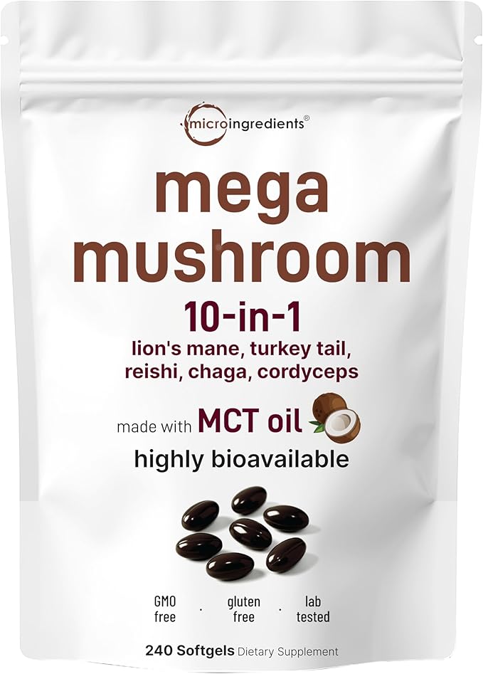 Micro Ingredients 10‑in‑1 Mega Mushroom Complex Supplement – Lions Mane Cordyceps Reishi Chaga &amp More – 240 Softgels with MCT Oil – 4 Month Supply – Adaptogenic Functional Mushroom Blend