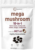 Micro Ingredients 10‑in‑1 Mega Mushroom Complex Supplement – Lions Mane Cordyceps Reishi Chaga &amp More – 240 Softgels with MCT Oil – 4 Month Supply – Adaptogenic Functional Mushroom Blend
