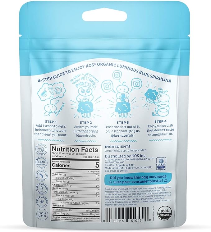 KOS USDA Organic Blue Spirulina Powder Phycocyanin - Vegan Algae Superfood - Natural Food Coloring for Smoothies &amp Protein Drinks Plant Based Non GMO - 27 Servings