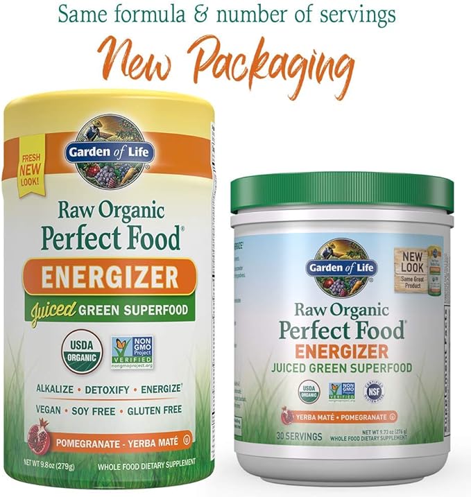 Garden of Life Raw Organic Perfect Food Energizer Juiced Green Superfood Powder Yerba Mate Pomegranate 30 Servings Green Superfood Powder &amp Probiotics Gluten Free Whole Food (Pack of 2)