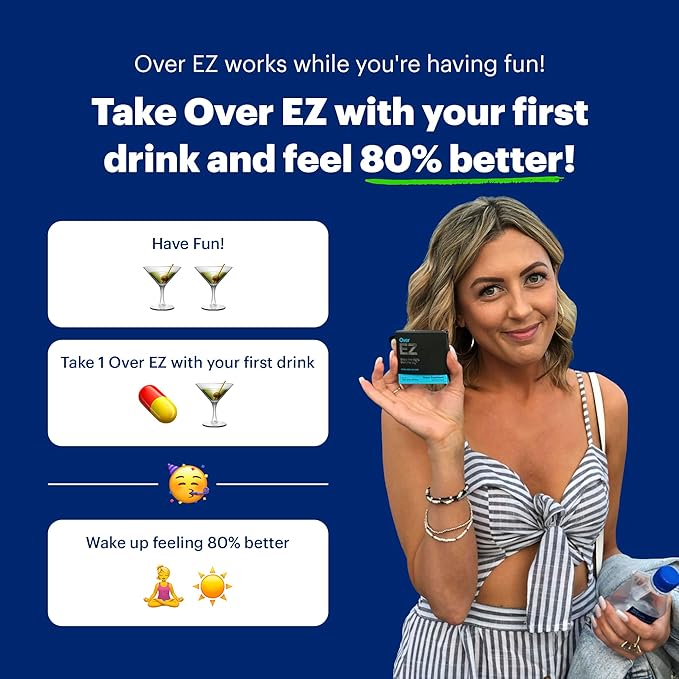 OVER EZ Pre-Drink Supplement - Party Recovery &amp Prevention Pills for a Night Out &amp Better Mornings (12 Capsules) &amp Milk Thistle Amino Acids Vitamin Bs