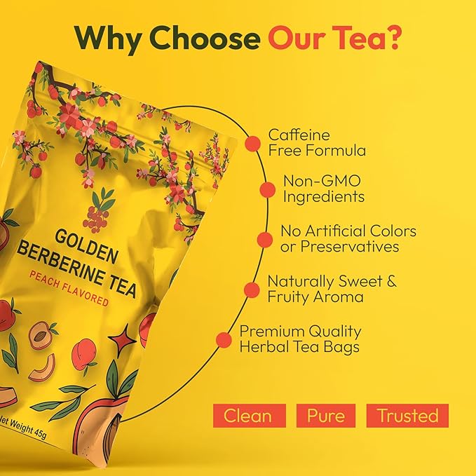 Berberine Tea 45g Natural Organic Caffeine-Free Blend Non-GMO Herbal in Plastic-Free Stand Alone Pouch Delicious Antioxidant for Immune Support (Peach)