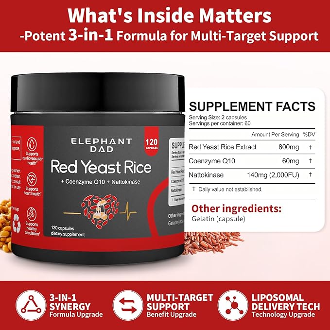 Red Yeast Rice 1000mg with Nattokinase &amp CoQ10 – Extra Strength Natto Extract Supplement Citrinin-Free Cholesterol &amp Heart Health Support Formula for Men &amp Women Circulatory Health – 12