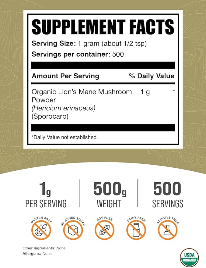 BulkSupplements.com Organic Lions Mane Mushroom Powder - Lions Mane Powder Mushroom Supplement - Vegan &amp Gluten Free 1g per Serving 500g (1.1 lbs) (Pack of 1)