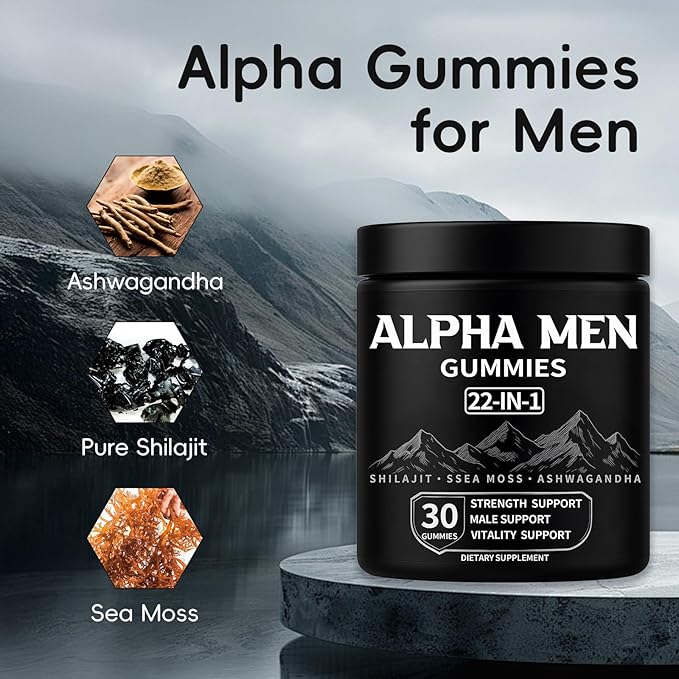 Alpha Gummies for Men with Shilajit Sea Moss Ashwagandha Manuka Honey + 22 in 1 Ingredients All Natural Support Overall Health &amp Wellness Advanced Formula 30 Gummies (1)
