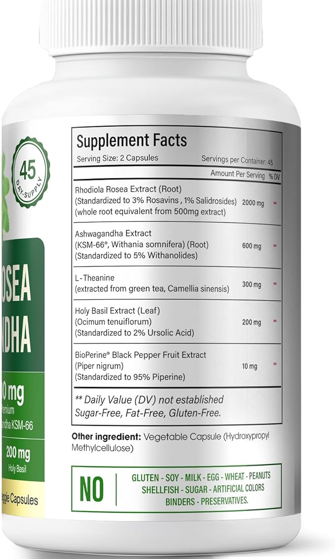 FloraBliss Rhodiola Rosea with Ashwagandha KSM-66 L-Theanine Holy Basil &amp BioPerine - 90 High Potency Vegan Capsules - 45-Day Supply - No Artificial Additives
