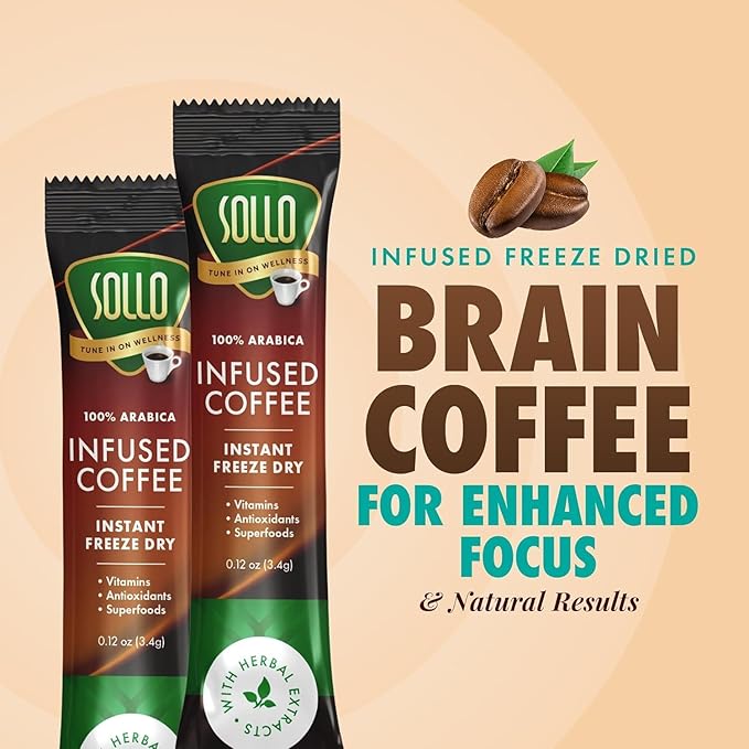 Sollo Brain Power Instant Coffee Sticks (24 Servings) Cinnamon Notes - Dark Roast Enhanced Brain Function &amp Immune Support Focus Bold &amp Smooth Taste 100% Arabica Freeze Dry.