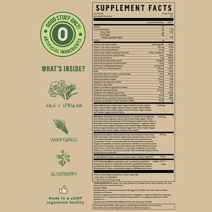 Earth Fed Muscle Superfoods Blend Reds &amp Greens Powder Piña Colada Flavor Juice &amp Smoothie Mix with Organic Kale Spirulina Wheat Grass - Detox &amp Cleanse No Added Sugar - Non-GMO - 30