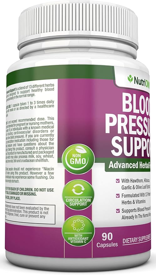 Blood Pressure Support Supplement - 13 Herbs &amp Vitamins - with Hawthorn Hibiscus Garlic &amp Olive Leaf Extract - Natural Supplement for Women &amp Men - High Strength Capsules - Non-GMO - 90