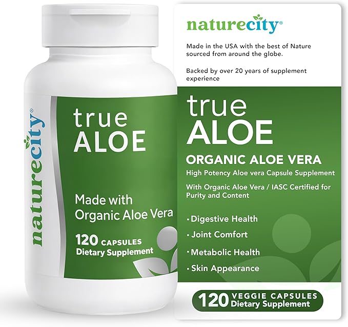 NatureCity True-Aloe Gut Health Support – Per Serving – Organic Aloe Vera (120 Capsules) for Digestive Skin &amp Joint Support | Small Easy-to-Swallow Pills