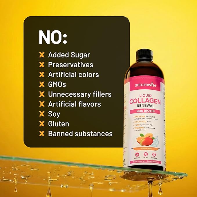 NatureWise Hydrolyzed Liquid Collagen for Women &amp Men 4000mg - No Added Sugar - Multi Collagen Peptides + Biotin + Vitamin C + Vitamin B Complex &amp Hyaluronic Acid - Mango - 15.22 fl oz[45 Day