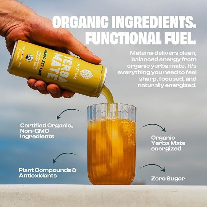 Mateina Yerba Mate Zero Sugar Energy Drink – 120mg Natural Caffeine – Organic Non-GMO Non-Carbonated – Dr. Andrew Huberman Recommended – (12 fl oz Cans 12 Pack) Mango Key Lime