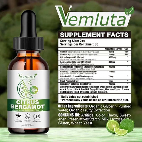 2 Packs 5000mg Citrus Bergamot Liquid Drops-2X Absorption- Cholesterol Lowering Supplement w Soursop Red Yeast Rice Olive Leaf Hight Cholesterol -Soursop Bitters Liquid-Heart &amp Immune Support