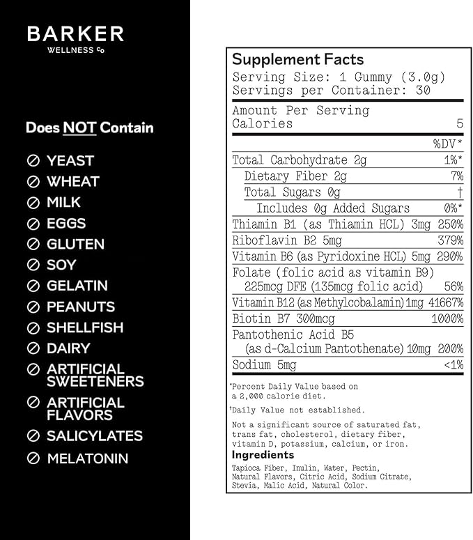 Barker Wellness Vegan B-Complex Gummies – Comprehensive Energy &amp Metabolism Boost with B1 B5 B6 B7 Biotin B9 Folate B12 | Sugar-Free Cherry Flavor for Daily Focus &amp Vitality
