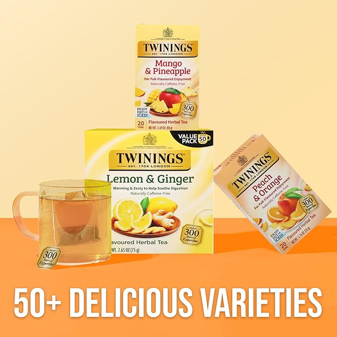 Twinings Mango &amp Pineapple Herbal Tea Individually Wrapped Bags 20 Count (Pack of 6) Naturally Caffeine-Free Enjoy Hot or Iced 120 Teabags