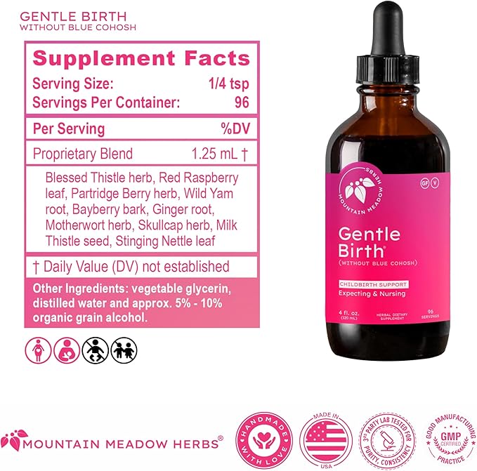 Mountain Meadow Herbs Gentle Birth for Birth Prep/Labor Prep Fast Acting Liquid Herbal Extract for Childbirth Support w/o Blue Cohosh - 4oz