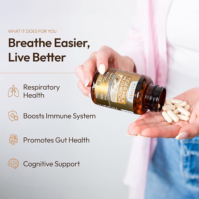 Tiger Milk Mushroom Extract (Lignosus rhinocerus) - Premium LiGNO TM02® - &gt30% Polysaccharides - Lungs &amp Respiratory Support - Cognitive &amp Immune Health - 60 Capsules - Vegan - Zero Additiv