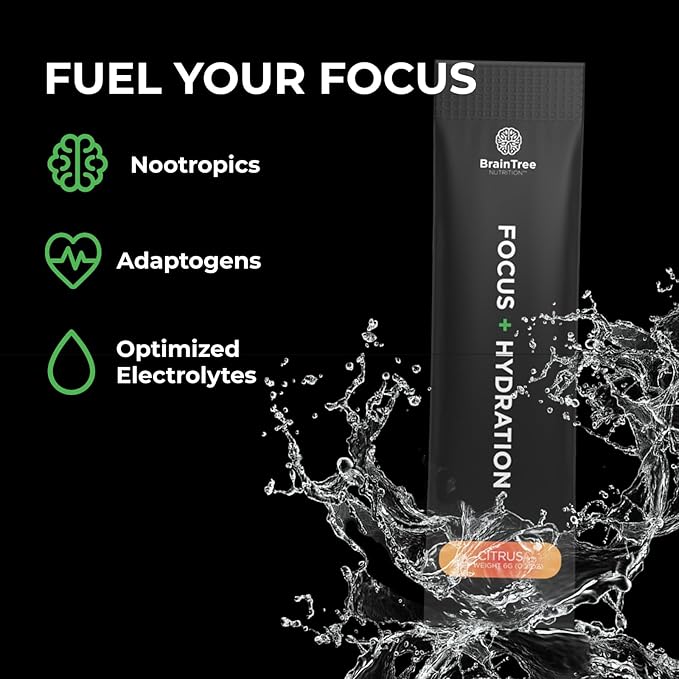BrainTree Nutrition - Focus + Hydration - Electrolyte Drink Mix - Total Body Hydration - Supports Cognitive Function Energy &amp Muscle Recovery - Sugar Free - Citrus - 30 Stick Packs
