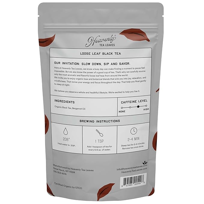 Heavenly Tea Leaves Organic Earl Grey Bulk Loose Leaf Black Tea 1 Lb. (Approx. 200 Cups) - Strong Full Bodied Brisk Great For Hot Or Iced Tea Naturally Caffeinated Premium Quality