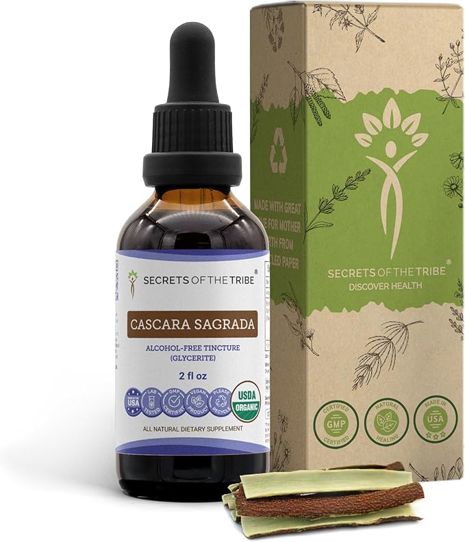 Secrets of the Tribe Cascara Sagrada USDA Organic | Alcohol-Free Extract High-Potency Herbal Drops | Made from 100% Certified Organic Cascara Sagrada (Frangula purshiana) Dried Bark (2 oz)
