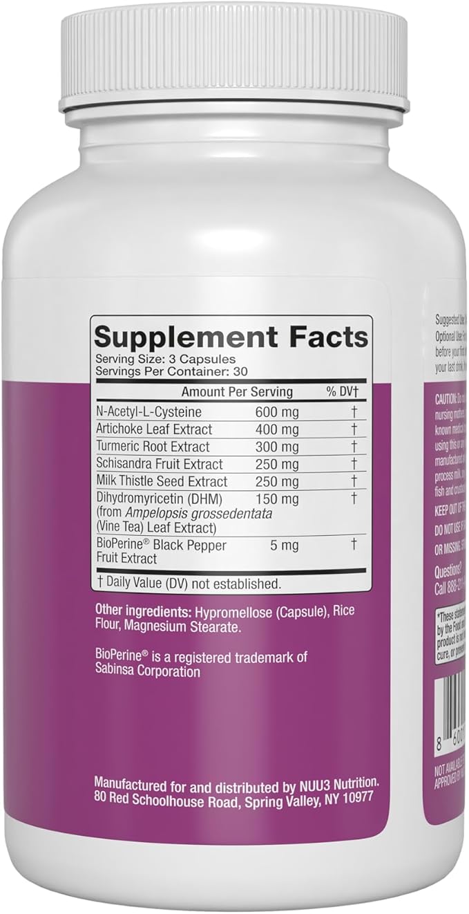 NUU3 Liver Health 365 - Liver Cleanse &amp Detox Support Supplement - Milk Thistle Artichoke N-Acetyl Cysteine (NAC) Dihydromyricetin &amp Turmeric - Aids Tissue Regeneration &amp Bile Flow - 90
