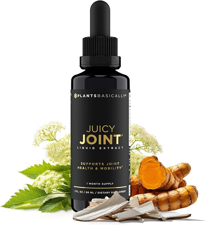 Juicy Joint by Plants Basically – Joint Support Supplement for Mobility Relief &amp Recovery | Turmeric White Willow Bark &amp Meadowsweet | 60 mL Liquid Extract | Vegan &amp Non-GMO | 30-Day Sup