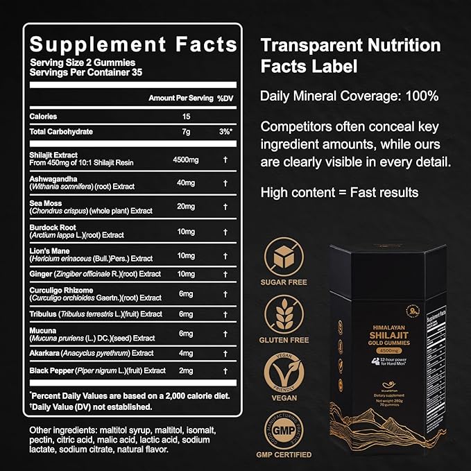 Organic Pure Himalayan Shilajit Gummies with Ashwagandha and Sea Moss – Gold Shilajit for Men &amp Women Supplement 105+ Natural Trace Minerals 70-Gummy (11-Ingredient Recipe)