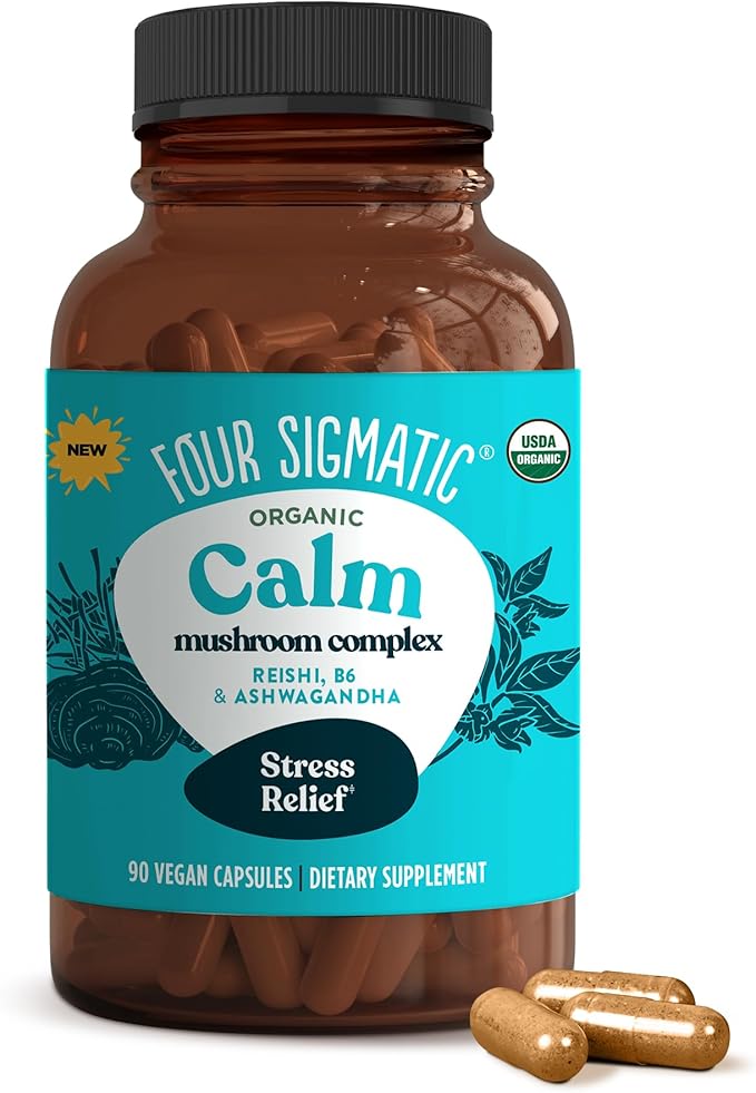Four Sigmatic Calm Capsules | Vegan Stress Relief Supplement to Promote Positive Mood with Organic Ashwagandha Powder Organic Reishi Mushroom Tulsi (Holy Basil Extract) Vitamin B6 | 30 Servings