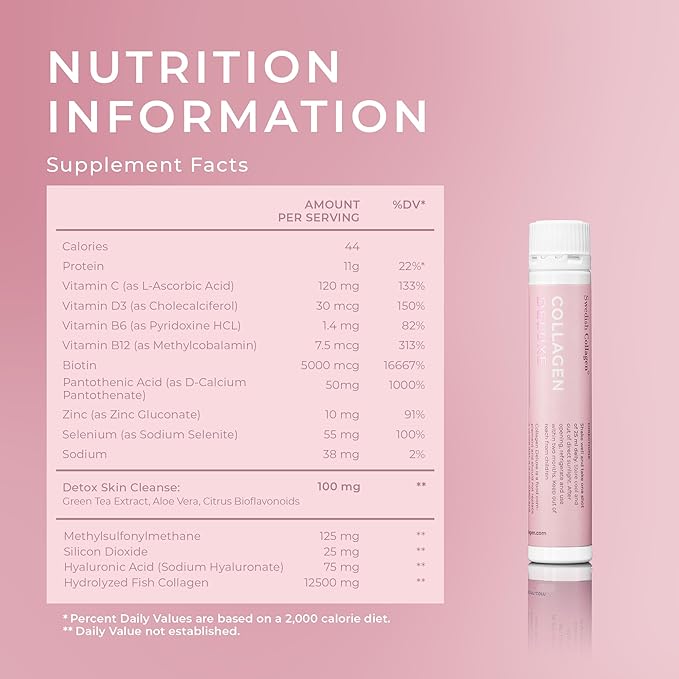 Swedish Collagen Deluxe | 12500 mg Hydrolyzed Marine Collagen Liquid Supplement - 60 x 25 ml Daily Shots (2 Pack 30 in Each) | Hyaluronic Acid Biotin and Vitamin C for Hair Skin Nails and Joints