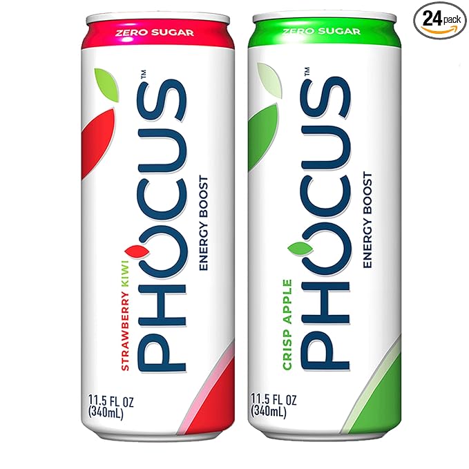 Phocus Energy Boost Crisp Apple &amp Strawberry Kiwi Bundle | 11.5 Fl oz (Pack of 24) | No Sugar | 75mg Caffeine + L-Theanine | 0 Calories