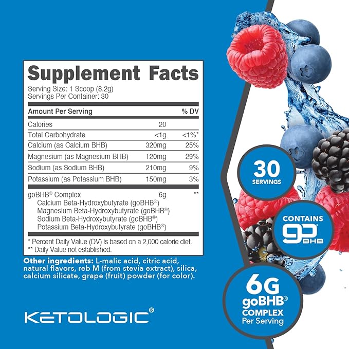Ketologic Keto BHB (Mixed Berry Flavor) 30 Servings - Exogenous Ketone Supplement with goBHB Beta-Hydroxybutyrate Salts
