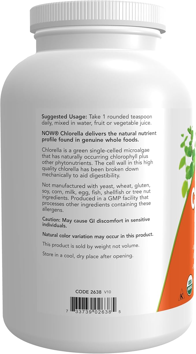 NOW Foods Supplements Organic Chlorella Powder with naturally occurring Chlorophyll Beta-Carotene mixed Carotenoids Vitamin C Iron and Protein 1-Pound