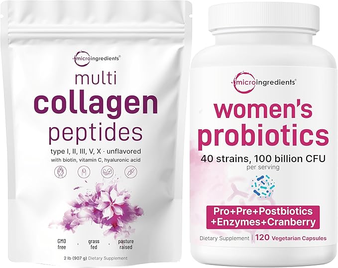 Micro Ingredients 8-in-1 Multi Collagen Powder &amp Women’s Probiotics 100 Billion CFU Veggie Capsules | 2 Pack | Hydrolyzed Peptides + Hyaluronic Acid &amp Vitamin C | 40 Strains + Cranberry &amp