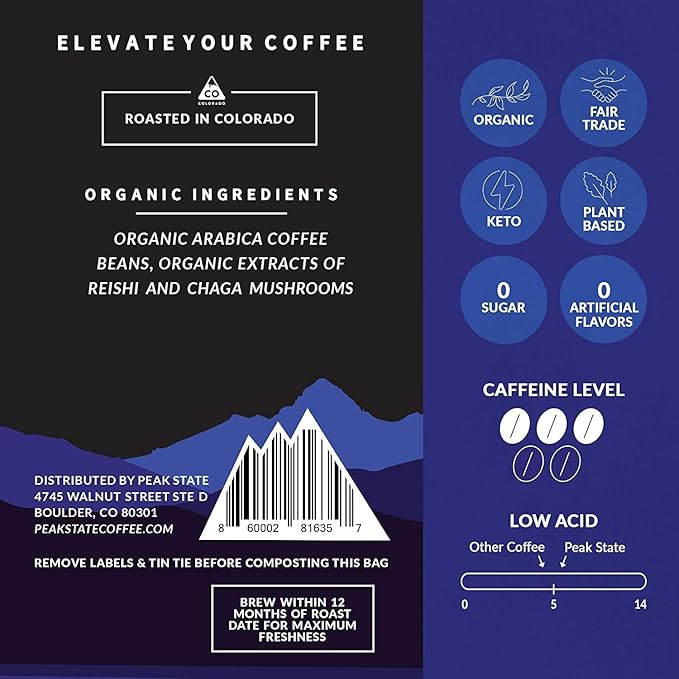 Peak State Stress Less Coffee with Benefits Dark Roast – Mushroom Coffee Low Acid &amp Smooth Full-Bodied &amp Deep Dark Chocolate Organic Whole Bean Coffee Gluten Free 12 oz. Each