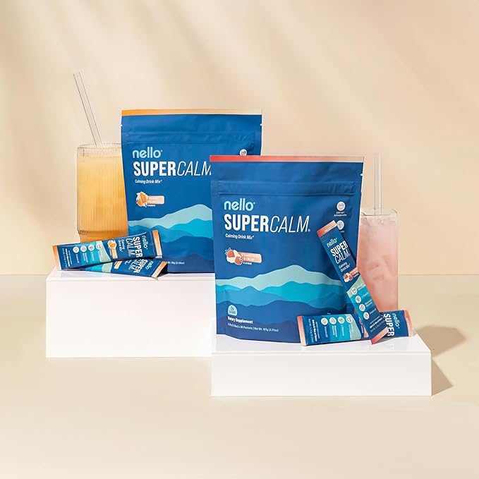 Nello Supercalm Drink Mix - Strawberries &amp Cream and Orange Creamsicle Ashwagandha KSM 66 Magnesium Glycinate &amp L-Theanine Supplement - Focus and Relaxation Support (2 x 20 Travel Packets)