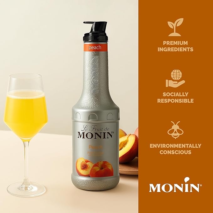 Monin - Peach Fruit Purée Summertime Sweetness Great for Cocktails Smoothies and Lemonades Non GMO No Artificial Ingredients (1 Liter)