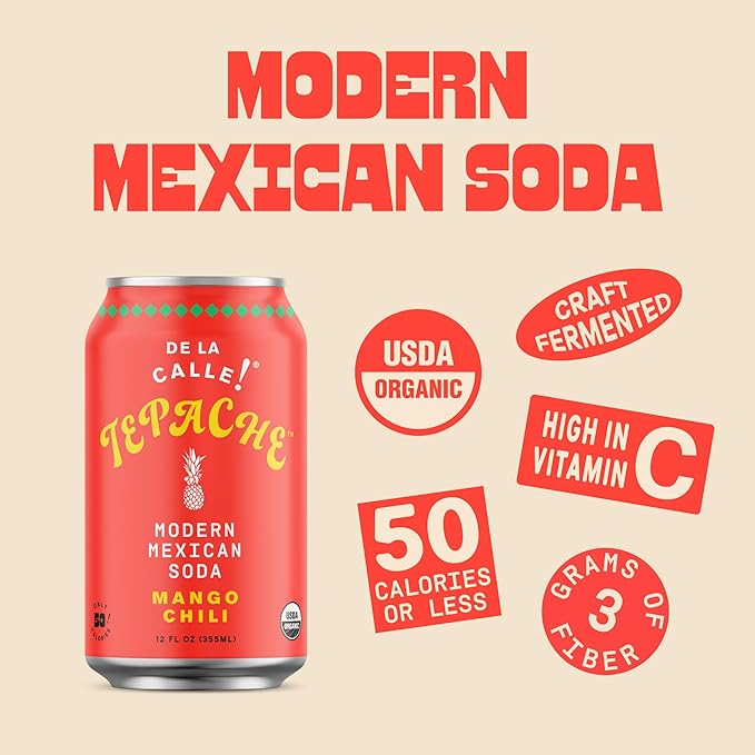 De La Calle Tepache - Mango Chili - Modern Mexican Soda - Craft Fermented Pineapple Sparkling Beverage - Certified Organic Antioxidant Rich Non-Alcoholic Healthy Soda Low Sugar Low Calorie Non-G