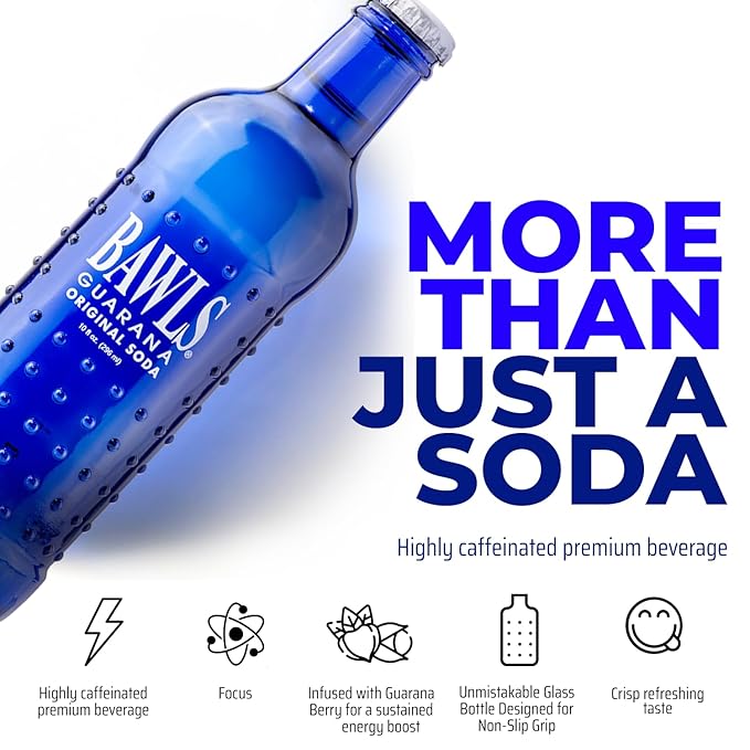 BAWLS Guarana Original BAWLS Guarana Drink Guarana Soda Guarana Fueled Soda for Energy High Energy Caffeinated Drink 10oz 12 Pack Glass Bottles