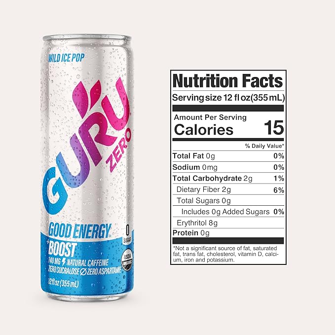 GURU ZERO SUGAR Organic Energy Drinks Variety Pack Clean Energy Drink with Plant Based Natural Caffeine from Green Tea Coconut Water Prebiotic Zero Added sugars Gluten Free and Vegan Pre Workout