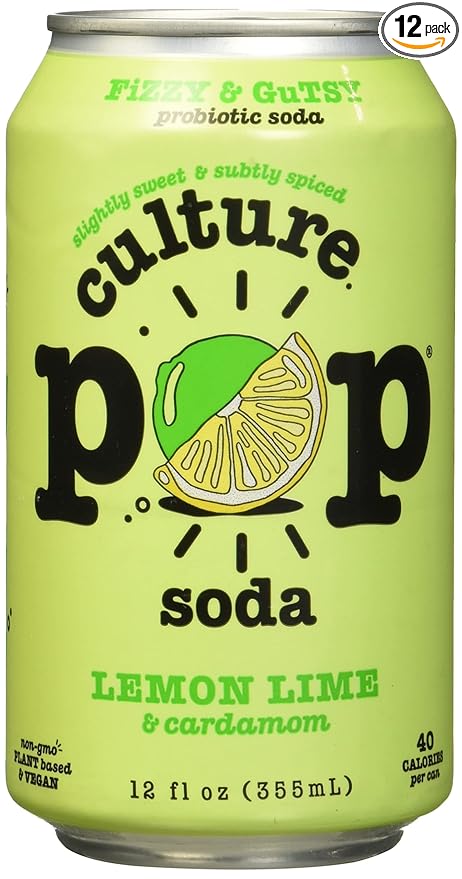 Culture Pop Lemon Lime &amp Cardamom Probiotic Soda Plant Based 12 Fluid Ounces (Pack Of 12)