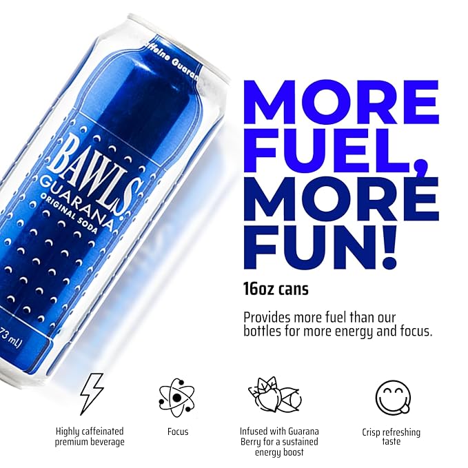 BAWLS Guarana Original BAWLS Guarana Drink Guarana Soda Guarana Fueled Soda for Energy High Energy Caffeinated Drink 16oz 24 Pack Cans