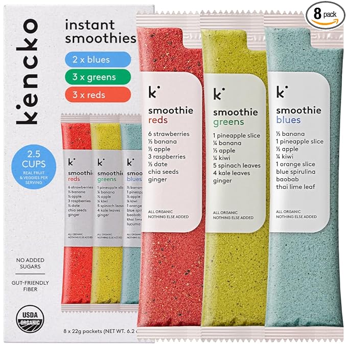 kencko Smoothie Mix Variety Pack - 8 Instant Breakfast Smoothies - 100% Organic Fruit And Vegetable Superfoods Natural Healthy Vegan Gluten Free - Reds Blues Greens Powder Smoothie Mix Packets